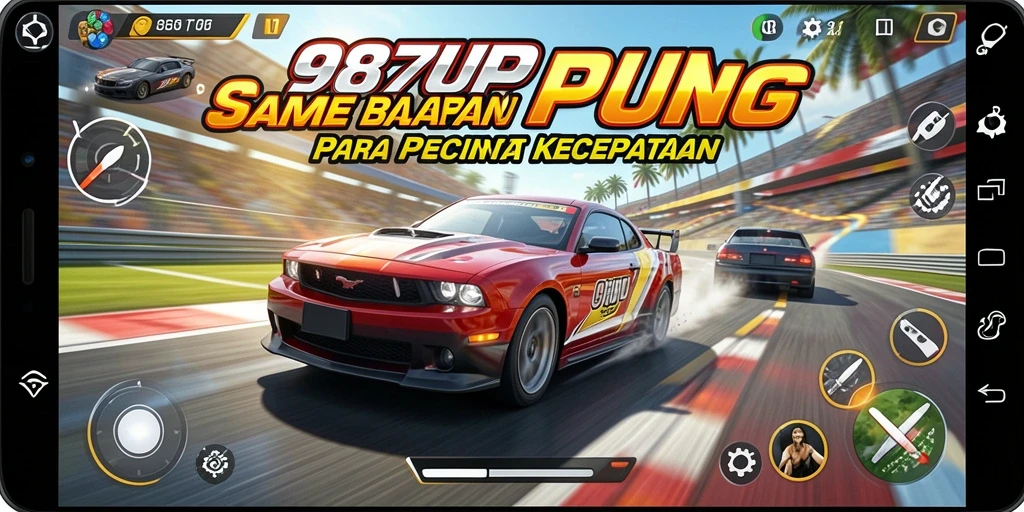 Screenshot gameplay 987UP menampilkan aksi balap yang mendebarkan dan mobil yang memukau.