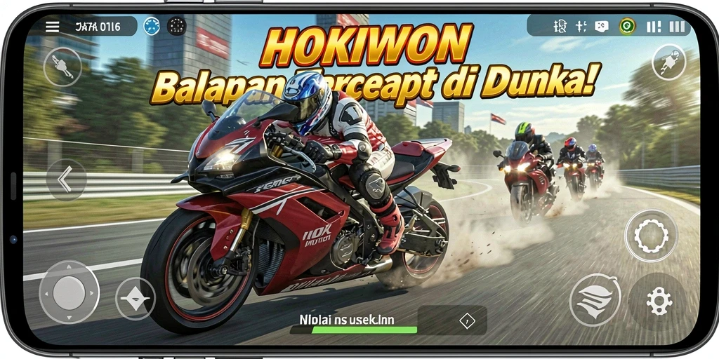 Tangkapan layar HOKIWON menampilkan aksi balapan motor yang seru.