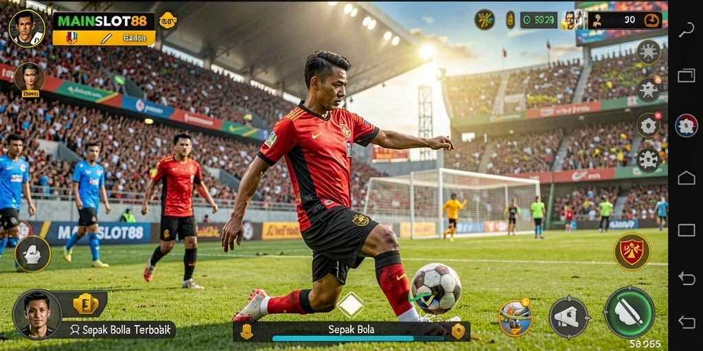 Tampilan utama gameplay <strong>MAINSLOT88</strong> yang menunjukkan tindakan di lapangan sepak bola.